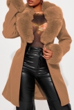 Red Casual Cardigan Turndown Collar Long Sleeve Longline Faux Fur Wool Coat