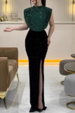 Silver Sequin Evening Party Gown Sleeveless Half A Turtleneck High Slit Bodycon Glitter Prom Maxi Dress