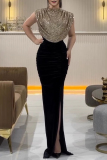 Silver Sequin Evening Party Gown Sleeveless Half A Turtleneck High Slit Bodycon Glitter Prom Maxi Dress