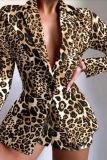 Casual Formal Office Graphics Leopard Print Buttons Turn-back Collar Long Sleeve Blazer Jackets And Shorts Two Pieces Shorts Sets