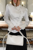 White Formal Office Buttons Stringy Selvedge Turndown Collar Long Sleeve Blouse