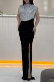 Silver Sequin Evening Party Gown Sleeveless Half A Turtleneck High Slit Bodycon Glitter Prom Maxi Dress