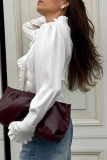 White Formal Office Buttons Stringy Selvedge Turndown Collar Long Sleeve Blouse