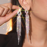 Silver Party Evening Rhinestone Linear Tassel Drop Earrings