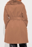 Red Casual Cardigan Turndown Collar Long Sleeve Longline Faux Fur Wool Coat