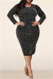 Beige Formal Evening Party Prom Slit Beading O Neck Long Sleeve Plus Size Bodycon Midi Dresses