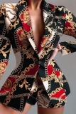 Casual Formal Office Graphics Leopard Print Buttons Turn-back Collar Long Sleeve Blazer Jackets And Shorts Two Pieces Shorts Sets