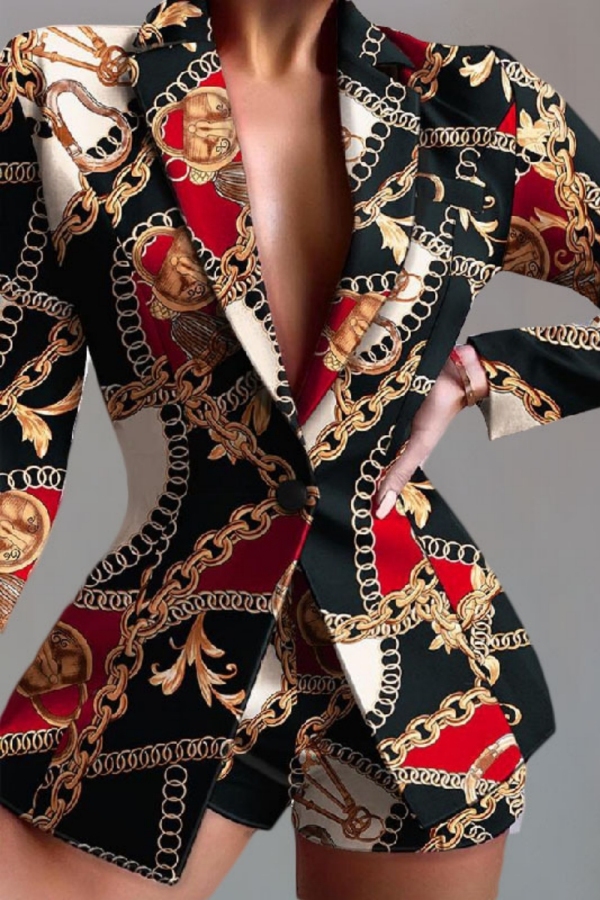 Casual Formal Office Graphics Leopard Print Buttons Turn-back Collar Long Sleeve Blazer Jackets And Shorts Two Pieces Shorts Sets