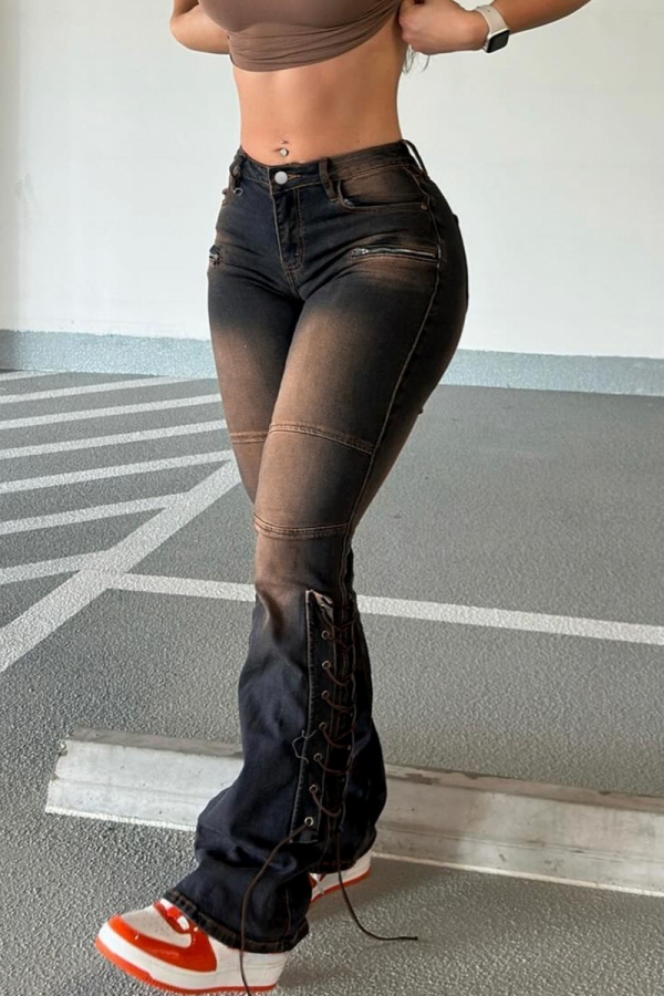 Dark Gray Casual Outing Pocket Belted High Waist Distressed Flare Leg Denim Jeans