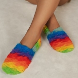 Color Rainbow Pattern Flats Slipper With Plush Fleece Round Keep Warm Shoes