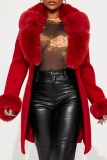 Red Casual Cardigan Turndown Collar Long Sleeve Longline Faux Fur Wool Coat