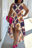 Dark Purple Boho Graphics Print Sleeveless O Neck Irregular Hem Vacation Plus Size Midi Dresses