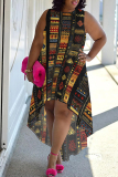 Dark Purple Boho Graphics Print Sleeveless O Neck Irregular Hem Vacation Plus Size Midi Dresses