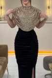 Silver Sequin Evening Party Gown Sleeveless Half A Turtleneck High Slit Bodycon Glitter Prom Maxi Dress