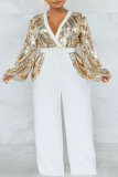 White Evening Party Gown With Belt Deep V Neck Long Sleeve Loose Wide Leg Jumpsuits