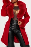 Red Casual Cardigan Turndown Collar Long Sleeve Longline Faux Fur Wool Coat