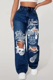 Dark Grey Casual Graphcis Print Hollow Out Pocket High Waist Wide Leg Ripped Denim Jeans