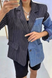Blue Casual Striped Print Denim Patchwork Turn-back Collar Long Sleeve Blazer Jackets with Pocket