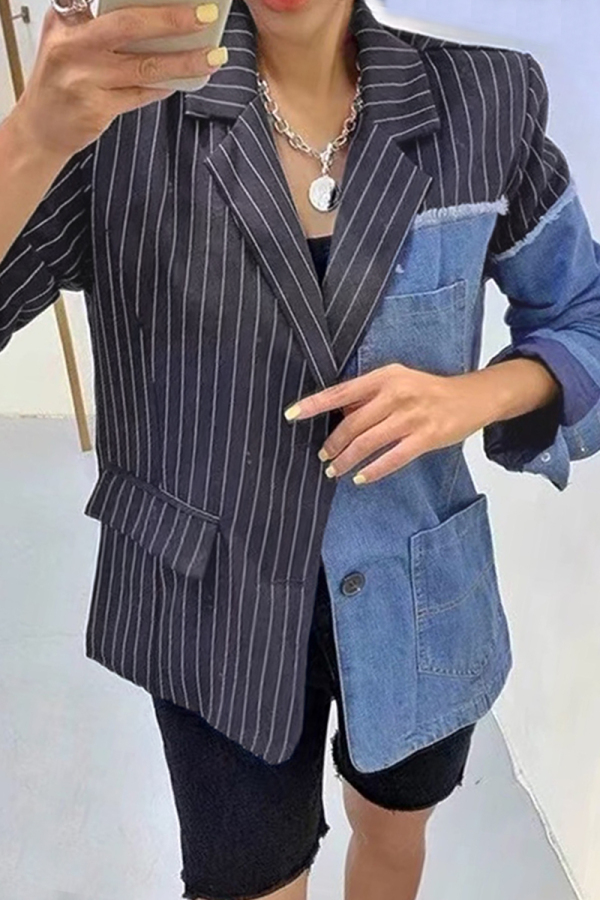 Blue Casual Striped Print Denim Patchwork Turn-back Collar Long Sleeve Blazer Jackets with Pocket