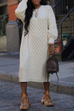 Off White Casual Outing O Neck Lantern Sleeve Winter Cable Knitted Sweater Midi Dress