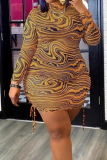 Orange Stripe Print O Neck Long Sleeve Draw String Wrapped Skirt Plus Size Bodycon Mini Dresses