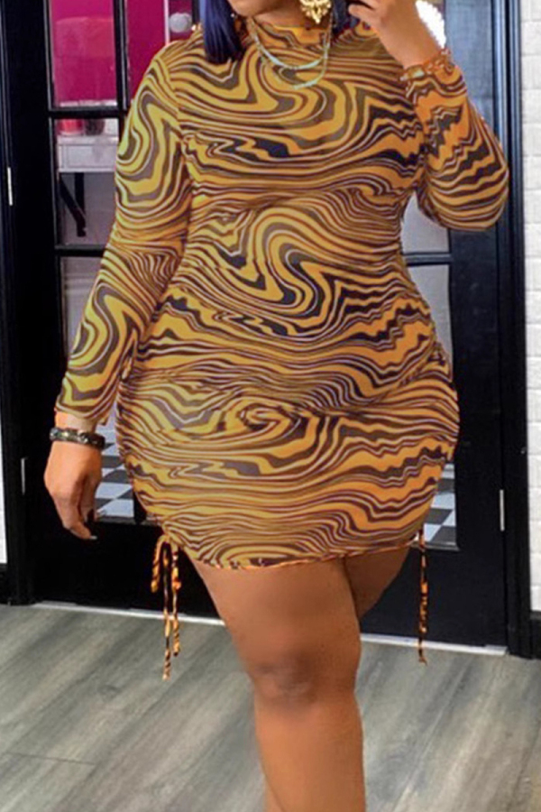 Orange Stripe Print O Neck Long Sleeve Draw String Wrapped Skirt Plus Size Bodycon Mini Dresses