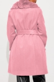 Red Casual Cardigan Turndown Collar Long Sleeve Longline Faux Fur Wool Coat