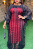 Red African Print Bodycon Maxi Dress and 3/4 Bat-wing Sleeve O Neck Mesh Sheer Ruffled Cover-Up Formal Evening Party PromTwo Pieces Dress Sets