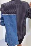 Blue Casual Striped Print Denim Patchwork Turn-back Collar Long Sleeve Blazer Jackets with Pocket