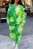 Green Casual Graphcis Print O Neck Long Sleeve Sweatshirt And Pants Casual Sportwear Two Piece Jogger Set