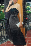 Black Formal Evening Party Prom Wedding Hot Drill Sleeveless Strapless Bodycon Tube Shimmer Maxi Dresses