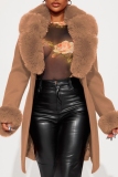Red Casual Cardigan Turndown Collar Long Sleeve Longline Faux Fur Wool Coat