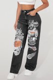 Dark Grey Casual Graphcis Print Hollow Out Pocket High Waist Wide Leg Ripped Denim Jeans