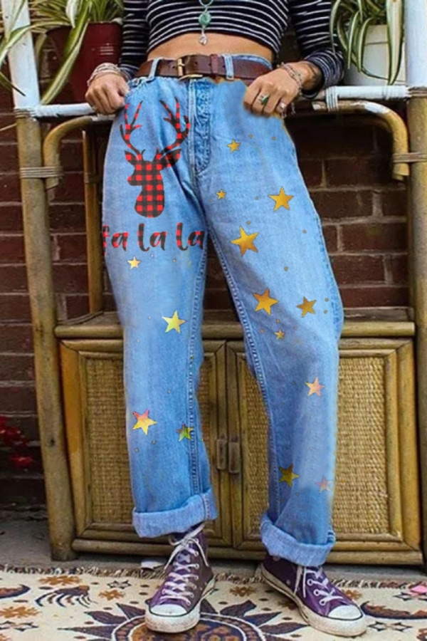 Dark Grey Casual Christmas Deer Star Print High Waist Denim Jeans