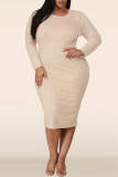 Beige Formal Evening Party Prom Slit Beading O Neck Long Sleeve Plus Size Bodycon Midi Dresses