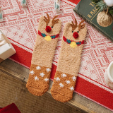Khaki Casual Santa Claus Snowman Print Christmas Tree Furry Sock