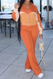 Orange Zipper Collar Long Sleeve Jackets And Sweatpants Sportwear Casual Outing Two Pieces Jogger Sets