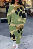 Green Casual Graphcis Print O Neck Long Sleeve Sweatshirt And Pants Casual Sportwear Two Piece Jogger Set