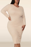 Beige Formal Evening Party Prom Slit Beading O Neck Long Sleeve Plus Size Bodycon Midi Dresses