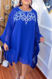 Blue African Mini Dress Cover Up Hot Drill O Neck Bat-wing Sleeve Loose Chiffon Mini Dress Two Pieces Dress Set