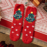 Khaki Casual Santa Claus Snowman Print Christmas Tree Furry Sock
