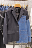 Blue Casual Striped Print Denim Patchwork Turn-back Collar Long Sleeve Blazer Jackets with Pocket