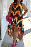 Dark Purple Boho Graphics Print Sleeveless O Neck Irregular Hem Vacation Plus Size Midi Dresses