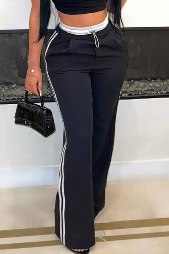 Black Casual Outing Draw String Pocket Loose Mid Waist Straight Leg Pants