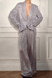 Gold Sequin Evening Party Gown Turn-back Collar Long Sleeve Blazer Jackets And Wide Leg Pants Two Pieces Trouser Sets