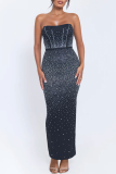 Black Formal Evening Party Prom Wedding Hot Drill Sleeveless Strapless Bodycon Tube Shimmer Maxi Dresses