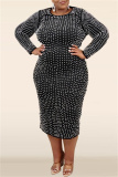 Beige Formal Evening Party Prom Slit Beading O Neck Long Sleeve Plus Size Bodycon Midi Dresses
