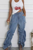 Blue Casual Outing Draw String Pocket Mid Waist Loose Cargo Denim Jeans