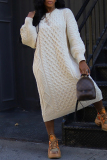 Off White Casual Outing O Neck Lantern Sleeve Winter Cable Knitted Sweater Midi Dress