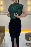 Silver Sequin Evening Party Gown Sleeveless Half A Turtleneck High Slit Bodycon Glitter Prom Maxi Dress